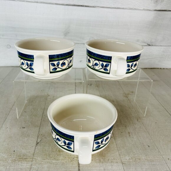 Pfaltzgraff ORLEANS #280 USA Blue Green Vines Yellow Stoneware Soup Mugs Set 3 - Picture 7 of 16